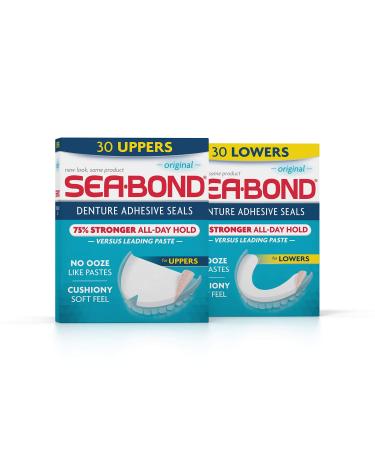 Sea Bond Secure Denture Adhesive Seals Multipack, Zinc Free, All Day Hold, Mess Free, Original Uppers and Lowers- 30 each
