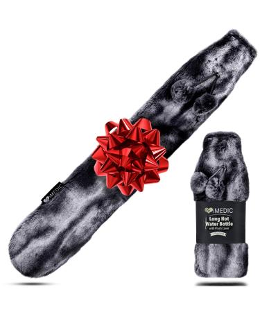 iMedic 2L Extra Long Hot Water Bottle Covered with Luxury Cover Made from Super Soft Fleece or Comfy Knit - Long Hot Water Bottle with Cover UK - Large Hot Water Bottle - Faux Fur Dark Grey