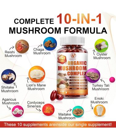 10 in 1 Lions Mane Mushroom Supplement with Turkey Tail, Reishi,Cordyceps, Chaga & More - Brain Supplements for Memory and Focus-150 Softgels 150 Count (Pack of 1) - Buy Online on GoSupps.com