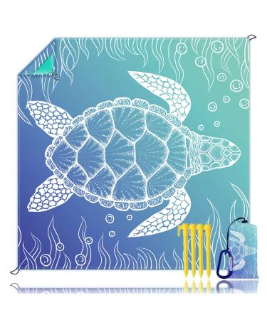 Beach Blanket, Waterproof Sandproof Beach Mat Oversized 79 X 83 Inch for 4-6 Adults, Lightweight Picnic Blanket, Portable Picnic Mat for Outdoor Travel Camping Hiking with 4 Stakes & 4 Corner Pocket Sea Turtle 79" X 83"