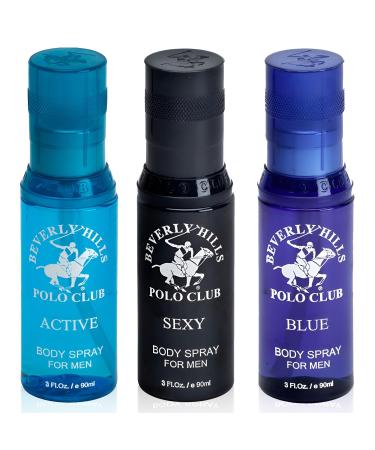 Beverly Hills Polo Club Body Spray Collection 3 Piece set With Different Fragrances Blue 3fl oz Active 3fl oz and Sexy