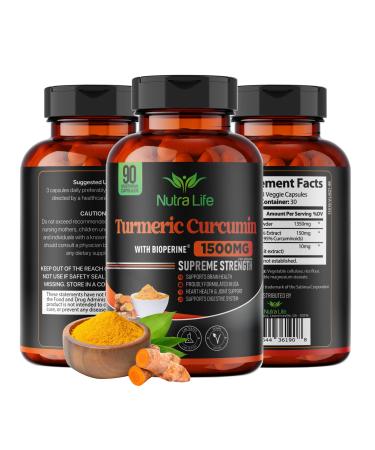 High Potency Turmeric Curcumin USA Made with BioPerine Natural Joint Support 95% Standardized Curcuminoids & Black Pepper Extract - Non GMO Gluten Free - 90 Capsules by Nutra Life