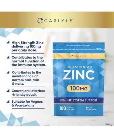 Zinc Supplements 100mg | High Strength Zinc Tablets | 180 Count | Suitable for Vegetarians & Vegans | Carlyle - Buy Online on GoSupps.com