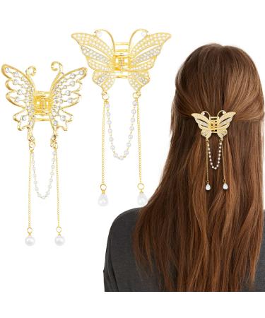 2 Pcs Gold Butterfly Hair Claw Clip Pearl Hair Claw Clamps Rhinestone Tassel Hair Claw Metal Hair Clips Exquisite Hair Clips Non Slip Hair Clamps Hair Styling Accessories for Women Girls