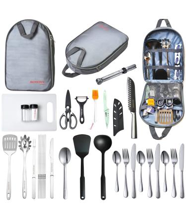IRONSTEN Camping Cooking Utensils Set Camp Kitchen Equipment Portable Picnic Cookware Kit Bag Campfire Grill Utensil Gear Essentials Gadgets Accessories for RV Car, Tent Campers, Outdoor Picnics BBQ