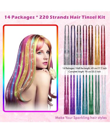Huiguli 14 Colors 4200 Strands Hair Tinsel 35.5 Inches Hair Glitter Strands Shiny Colorful Straight Hair Extensions for Women Girls Party Cosplay Rainbow Hair Tinsel Kit (No Tools) 14 Colours - Buy Online on GoSupps.com