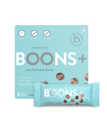 Boons+ Vegan Lactation Bars Chocolate-Chip (6x45g Bars per Box). Boons+ Bars Support and Enhance Lactation. 6g of Protein per Serving & 4g of Sugar! Vegan, Gluten Free, Soy-Free, Fenugreek-Free.