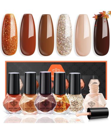 modelones Nail Polish Set Fall Winter 6 Colors Nail Polish Kit Gold Glitter Brown Quick Dry Nail Polish Manicure DIY Nail Art Salon Home Gift For Women