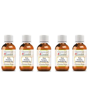 Greenwood Essential Turmeric Essential Oil (Curcuma Longa) Steam Distilled (Pack of Five) 100ml X 5(16.9 oz) 100ml X 5(16.9 Ounce) with Plastic Euro Dropper