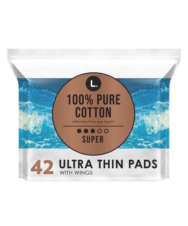 L. Ultra Thin Unscented Pads with Wings Super Absorbency 42 Ct 100% Pure Cotton Chlorine Free Top Layer