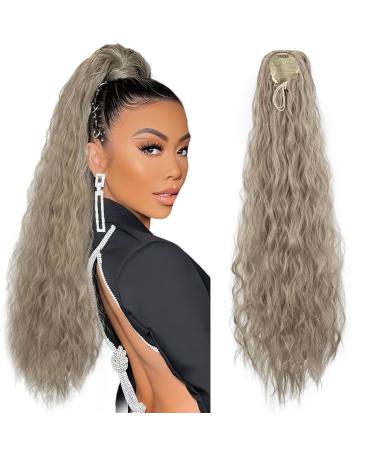 Ponytail Extension 32 Inch Drawstring Ponytail Hair Extensions for Women Long Curly Corn Wavy Ponytail Natural Wavy Synthetic Hairpiece for Women Daily Use Party Brown mix Blonde Highlights D-Brown mix Blonde Highlights