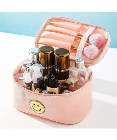 WALONER Preppy Patch Leather Makeup Bag - Large Waterproof Travel Toiletry Organizer - Pink Cute Preppy Cosmetic Pouch for Women & Girls - Buy Online on GoSupps.com