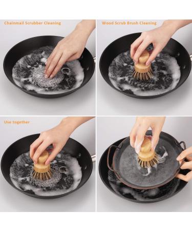 GAINWELL Stainless Steel Chainmail Scrubber Set - 4in Cast Iron Cleaner with Wood Scrub Brushes - Buy Online on GoSupps.com