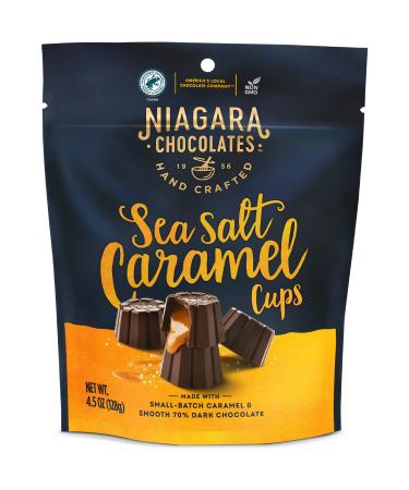 Niagara Chocolates 70% Dark Sea Salt Caramel Cups Stand-Up Bag (4.5oz) Non-GMO, Premium Chocolate, Hand-Crafted Dark Sea Salt Caramel Clusters 4.5 Ounce (Pack of 1)