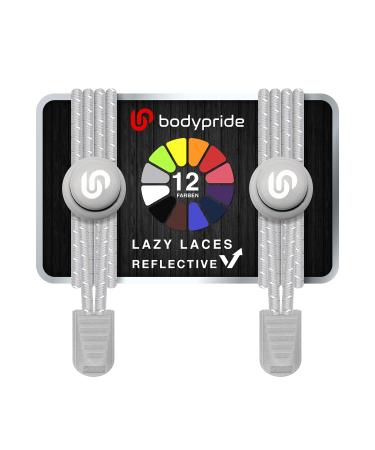 BODYPRIDE Premium Lazy Laces 12 colors Elastic quick-release shoelaces without tying | Quick lacing system with reflectors for sports marathon triathlon children seniors | 120 cm gray
