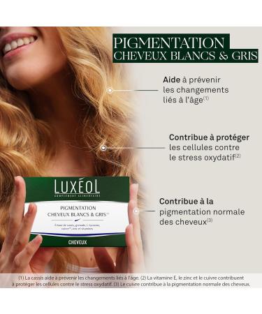 LUX OL - Pigmentation White & Gray Hair - Food Supplement - Contributes to Normal Pigmentation - Blackcurrant Vitamin E B6 B8 Copper Zinc - Made in France - 1 Month Program - 30 Capsules - Buy Online on GoSupps.com