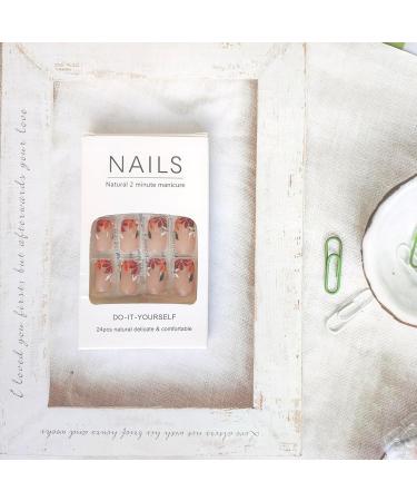 Shop Fall Short Press on Nails | French Tip Medium Length Acrylics - Hand-Painted Glossy Nude with Leaf Designs - Buy Online on GoSupps.com