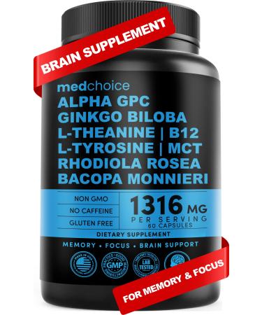 10-in-1 Nootropic Brain Supplements for Memory and Focus with Ginkgo Biloba, L Theanine & Alpha GPC Choline - 1316mg 60ct Nootropics Brain Support Supplement - Vegan Focus Brain Support, Non-GMO
