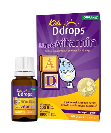 Ddrops Kids Organic Liquid Vitamins Daily Vitamins A&D Drops for Kids 60 Drops. Supports Eye Health Bone Development and Immune Function. Certified Organic Non-GMOs Allergy-Friendly 0.06 Fl Oz (Pack of 1)