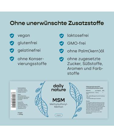 Dailynature MSM Capsules 1600 mg - Vegan Dietary Supplement 365 Gluten-Free & Lactose-Free Capsules No Additives High Dose Methylsulfonylmethane - Buy Online on GoSupps.com
