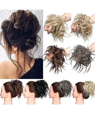 Messy Hair Bun Chignons Synthetic Hair Extensions Wavy Donut Updo Scrunchy Curly Hairpieces Dark Auburn