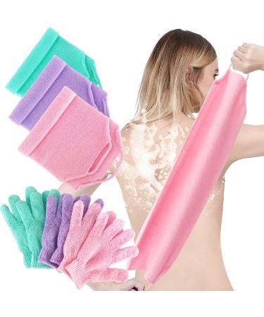 9 Pack Exfoliating Shower Bath Gloves Back Scrubber Set 3 Pairs Bath Gloves 3 Exfoliating Body Back Scrubber Nylon Washer Stretchable Back Scrubber for Women Men Children Pink Purple Green