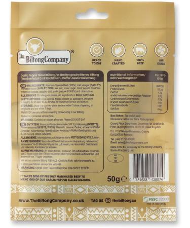 Garlic Pepper Sliced Biltong 5 x 50g (250g) Natural Spicy Beef Biltong by The Biltong Company High in Protein & Keto Diet-Approved Lean Biltong Spiced Meat Snack Like Jerky Garlic Pepper 50 g (Pack of 5) - Buy Online on GoSupps.com