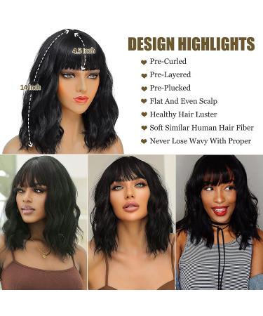 CAIXIU HAIR Short Black Bob Wig with Bangs - 14 Inch Natural Wavy Hair for Women - Perfect for Daily Wear, Parties, and Cosplay - Buy Online on GoSupps.com