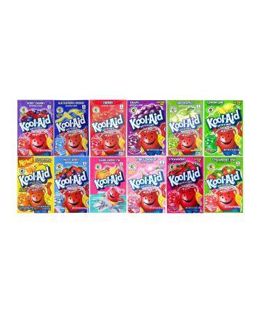 KoolAid Drink Mix Rare Variety Pack- 12 Different flavors - 2 each - 24 Total - Berry Cherry - Blue Razz - Cherry - Grape - Green Apple - Lemon Lime - Mango - Mixed Berry - Sharkleberry Fin - Pink Lemonade - Strawberry - Strawberry Kiwi