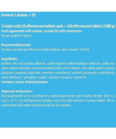 German Calcium + Vitamin D3 Effervescent Tablets - Orange-Grapefruit Flavor | T&D Pharma | 12 Tubes x 20 Tablets | Made in Germany - Buy Online on GoSupps.com