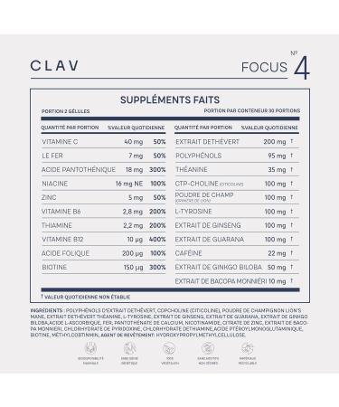 CLAV Nootropics No. 4 Focus Brain Booster Supplement Improves Memory and Concentration with Citicoline + Ginko Biloba + Bacopa Brahmi - 60 Vegan Capsules - Buy Online on GoSupps.com
