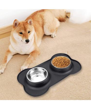 Stainless Steel Double Dog Bowl Set with Silicone Mat - No-Spill, No-Skid Pet Feeder for Small to Medium Dogs and Cats - Black - Buy Online on GoSupps.com