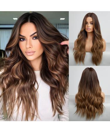 HAIRCUBE Ombre Brown Wigs for Women,Long Curly Wig Middle Part Synthetic Wig Heat Resistant Fiber 24 Inch