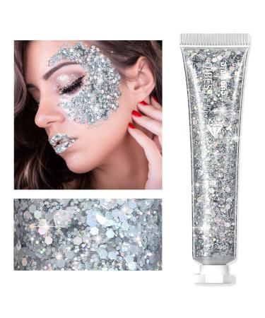 Body Glitter Gel  Eye Face Glitter Makeup Sequins Liquid Nail Glitter Eyeshadow  Cosmetic Laser Powder for Christmas Party Rave Accessories Chunky Glitter Gel for Lip Hair Makeup Silver