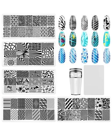 KAAGEE 5Pcs Nail Stamping Plates Geometry Nail Stamp Nail Art Stamping Plates Nail Design Stamp Nail Plate Template Nail Art Accessories with 1 Nail Stamper  1 Scraper geometry style