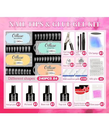 Gel Extension Nail Kit - 960 PCS Full Cover Gel Nail Tips with Glue, Professional Acrylic Nails Tips Set - Coffin/Stiletto/Square/Almond Shapes, UV Light Included - Buy Online on GoSupps.com