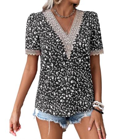 Naroote Womens Blouse Easy Matching Womens T Shirt Casual Lace Stitching Casual V-Neck for Beach XX-Large Black - Buy Online on GoSupps.com