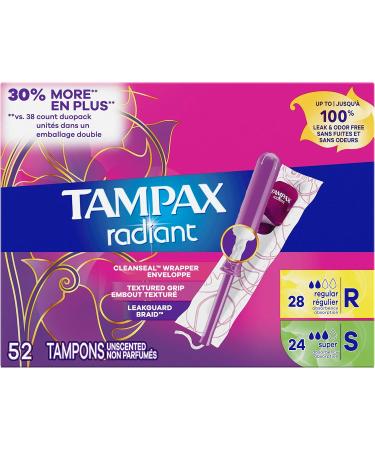 Tampax Radiant Tampons Duo Pack with LeakGuard Braid Regular/Super Absorbency Unscented 52 Count - Buy Online on GoSupps.com