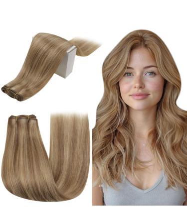 Runatur real hair brown highlight blond 40cm real hair brown to sew brown with blond galtt human hair 100g straight draw extensions real hair #10/16 40cm 2-trusts #10/16