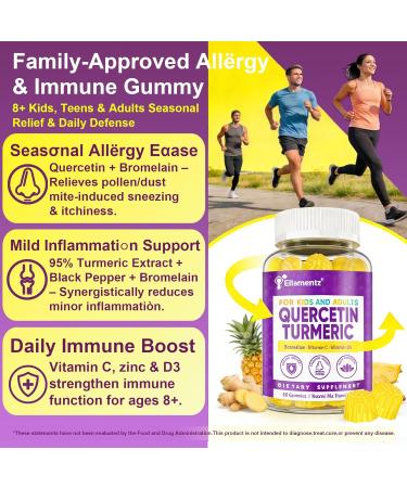 ELLAMENIZ Quercetin Gummies 1000mg for Kids & Adults with Bromelain and Turmeric Black Pepper Extract Vitamin C Zinc & D3 Seasonal & Immune Health Antioxidant Support Family Friendly 2 Pack - Buy Online on GoSupps.com
