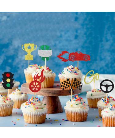 Arthsdite 24 PCS Race Car Cupcake Toppers Traffic Light Steering Wheel Trophy Flag Helmet Racing Car Cupcake Picks for Let's Go Racing Sports Theme Baby Shower Boys Birthday Party Cake Decorations Colorful - Buy Online on GoSupps.com