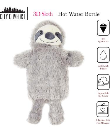 1L Hot Water Bottle with Grey Sloth Fleece Cover - Plush and Cosy Gift for Natural Rubber Hot Water Bottle - Buy Online on GoSupps.com