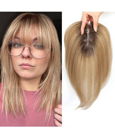Hair Toppers for Women Real Human Hair Toppers Hair Pieces for Women with Thinning Hair Human Hair Toppers with Bangs Clip in Hair Extensions Ombre Ash Blonde with Dark Roots