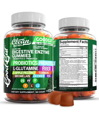 Clean Nutraceuticals Digestive Enzymes with Probiotics & Prebiotics for Digestive Health Gummies & L-Glutamine for Gut Health Bromelain Apple Pectin Inulin FOS Plant Based Vegan Gummy Vitamins 1