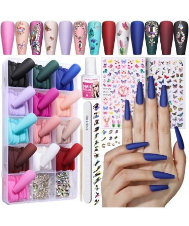FANDAMEI Press on Nails Long Matte 13 Packs 312 PCS Press on Nails Long Coffin Full Cover Long Ballerina Fake Nails Acrylic False Nail Tips with Nail Glue Nail Rhinestones Nail Art Stickers