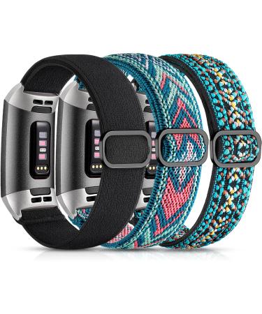 Maledan 3 Pack Elastic Band Compatible with Fitbit Charge 4 and Fitbit Charge 3 Bands for Women Men, Adjustable Stretchy Sport Strap Soft Nylon Wristband for Charge 4/ Charge 3/ 3SE Accessories Black/ Green Arrow/ Boho Flower