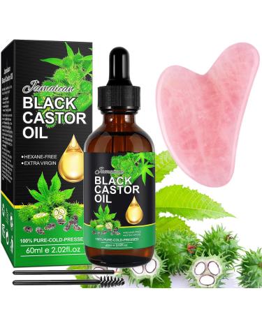 Jamaican Black Castor Oil Black Castor Oil 100% Pure Natural Castor Oil Organic Treatment for Damaged Hair & Dry Skin Cold Pressed Oil for Hair Growth Eyebrows Eyelashes (60ml W/Gua Sha Tools)