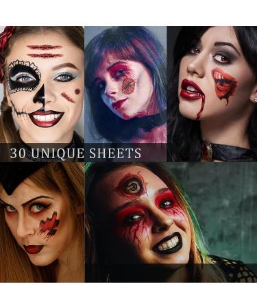 30 Sheets Halloween Zombie Temporary Tattoos - Waterproof Fake Scars with Blood, Stitch Scar, Scab - Perfect for Halloween Party Cosplay - Style 2 - Buy Online on GoSupps.com