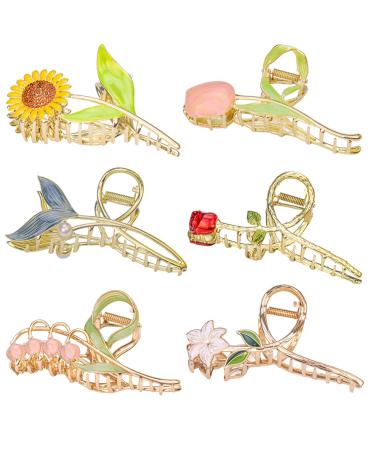 6 Pcs Flower Metal Hair Claw Clips Large Tulip Hair Claw Nonslip Hair Barrettes Strong Hold Hair Clamps Fashion Hair Accessories for Woman and Girls With Long Thick Thin Curly Hair