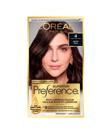 L Or al Paris Superior Preference 9 weeks of Luminous Fade-Defying Permanent Hair Dye 4 Brown 100% Grey Coverage 1 Hair Dye Kit (Packaging May Vary) 1 Count ( Pack Of 1 ) Brown